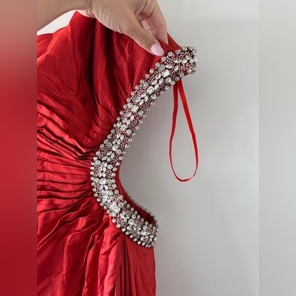 MAC DUGGAL Red Jewel Embellished Side Cut Out A Line Gown in Red 8 - Picture 6 of 12